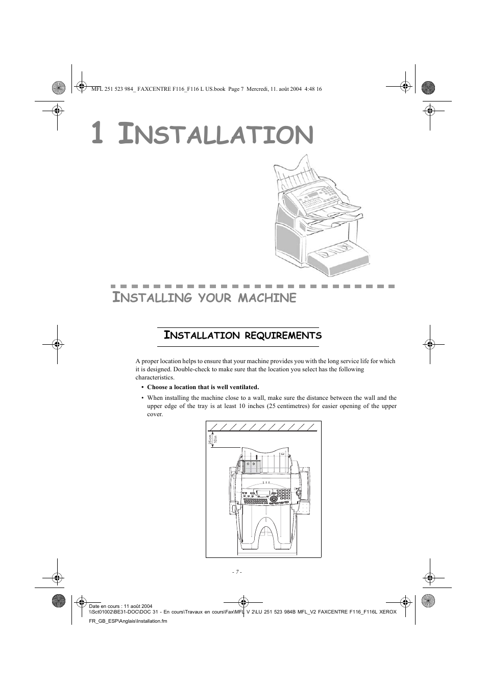 Nstallation | Xerox FaxCentre F116 User Manual | Page 11 / 141