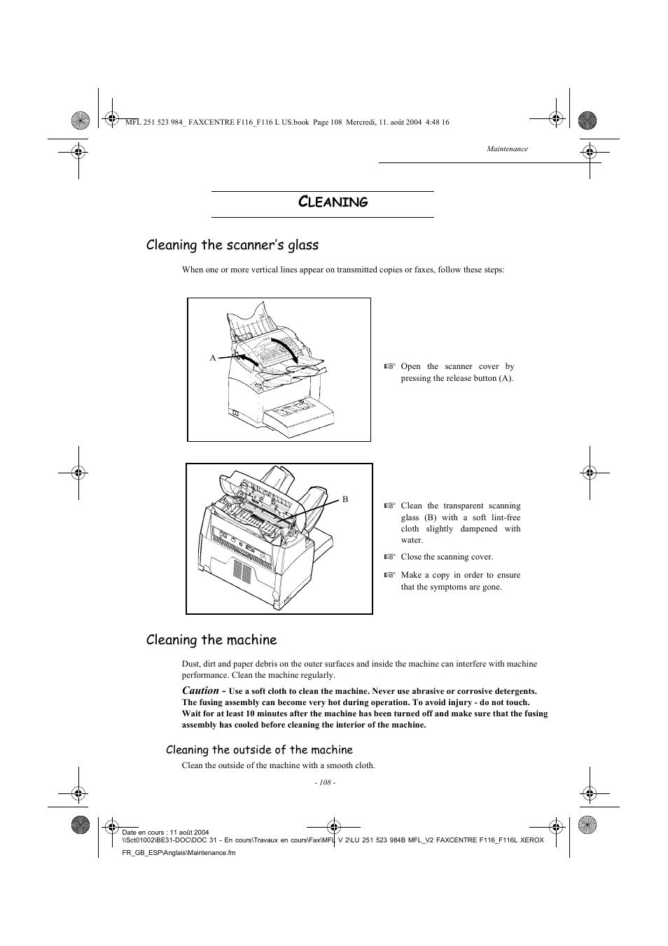 Cleaning the scanner’s glass, Cleaning the machine, Leaning | Xerox FaxCentre F116 User Manual | Page 112 / 141