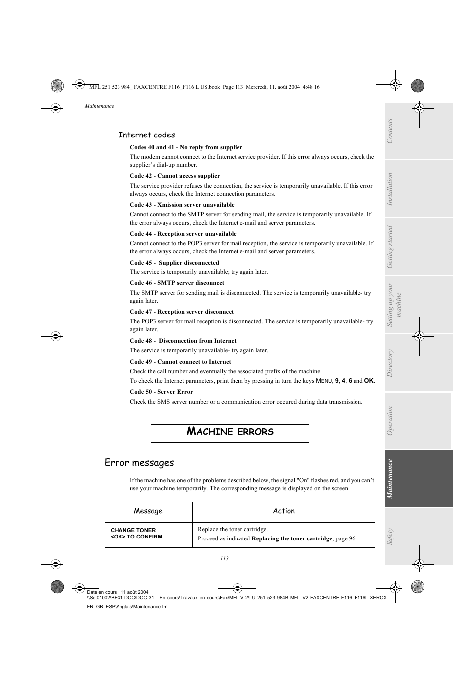 Error messages | Xerox FaxCentre F116 User Manual | Page 117 / 141