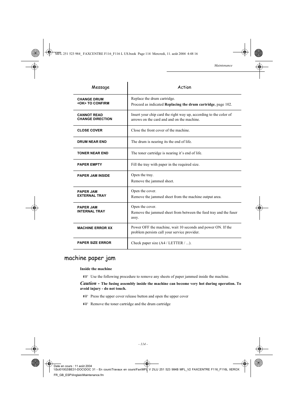 Machine paper jam | Xerox FaxCentre F116 User Manual | Page 118 / 141