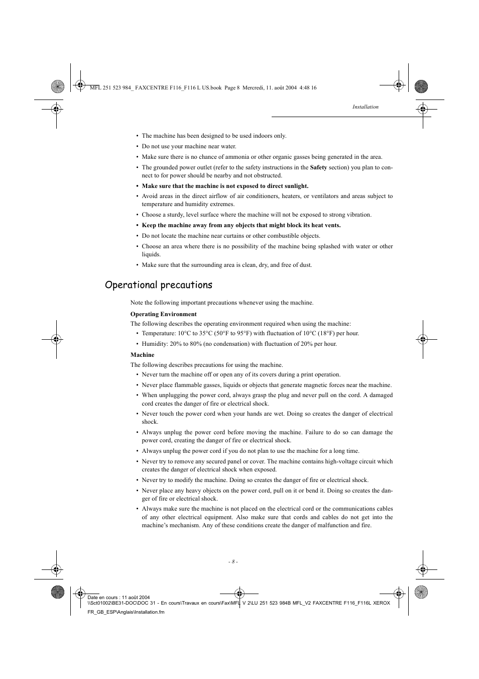 Operational precautions | Xerox FaxCentre F116 User Manual | Page 12 / 141