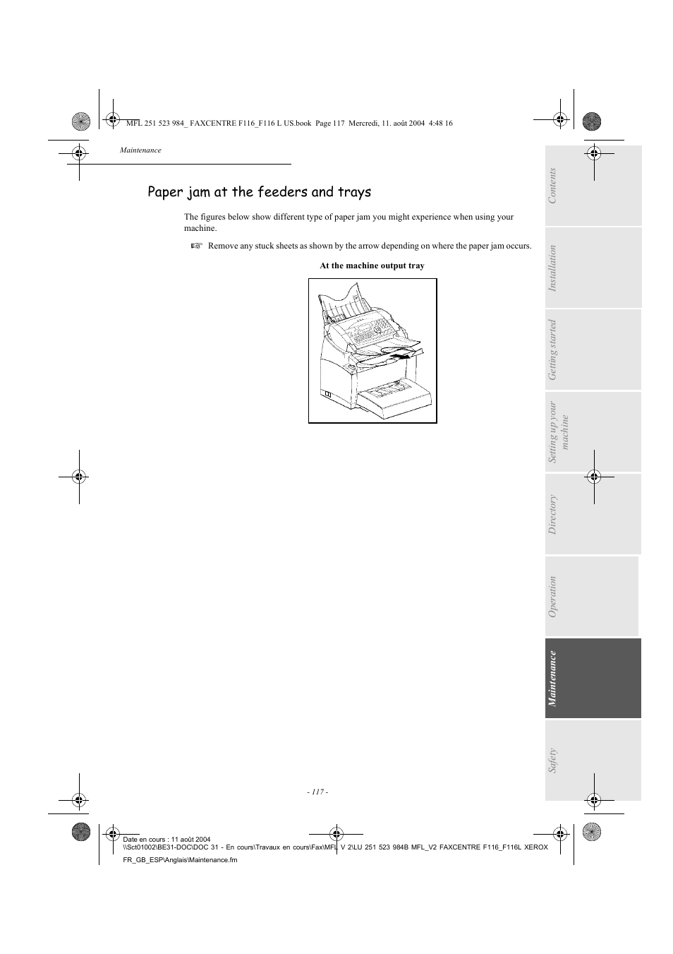 Paper jam at the feeders and trays | Xerox FaxCentre F116 User Manual | Page 121 / 141