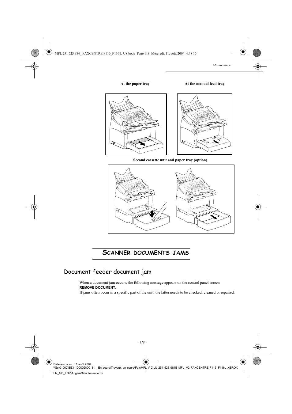 Document feeder document jam | Xerox FaxCentre F116 User Manual | Page 122 / 141