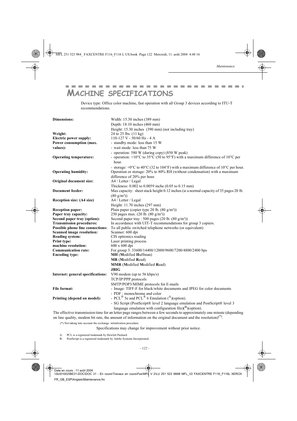 Achine, Specifications | Xerox FaxCentre F116 User Manual | Page 126 / 141
