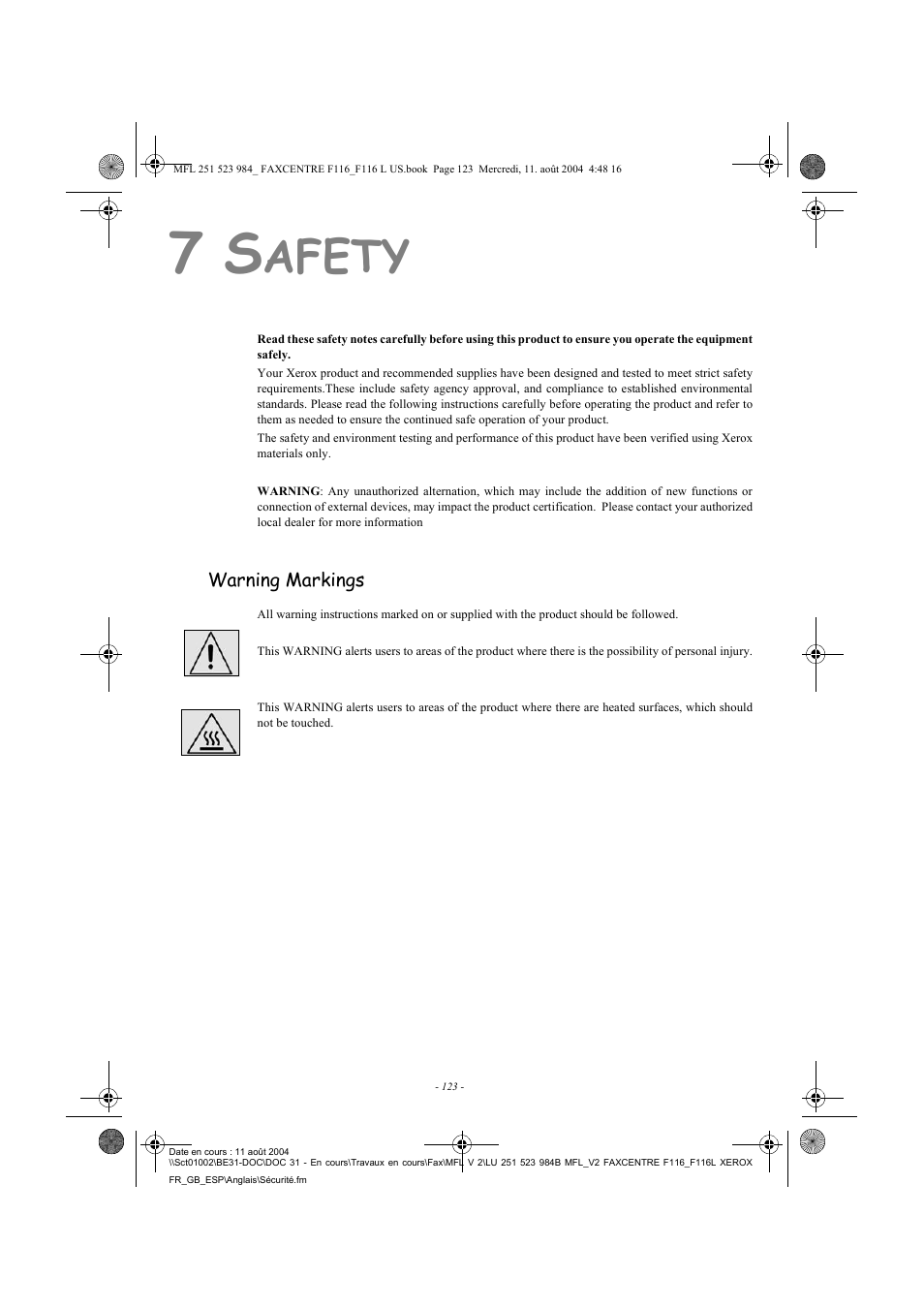 Afety | Xerox FaxCentre F116 User Manual | Page 127 / 141