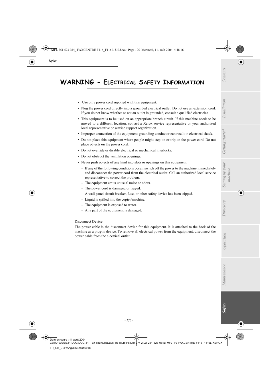 Warning - e | Xerox FaxCentre F116 User Manual | Page 129 / 141