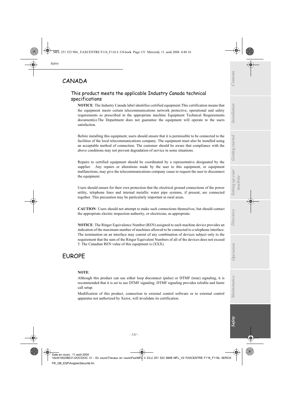 Canada, Europe | Xerox FaxCentre F116 User Manual | Page 135 / 141