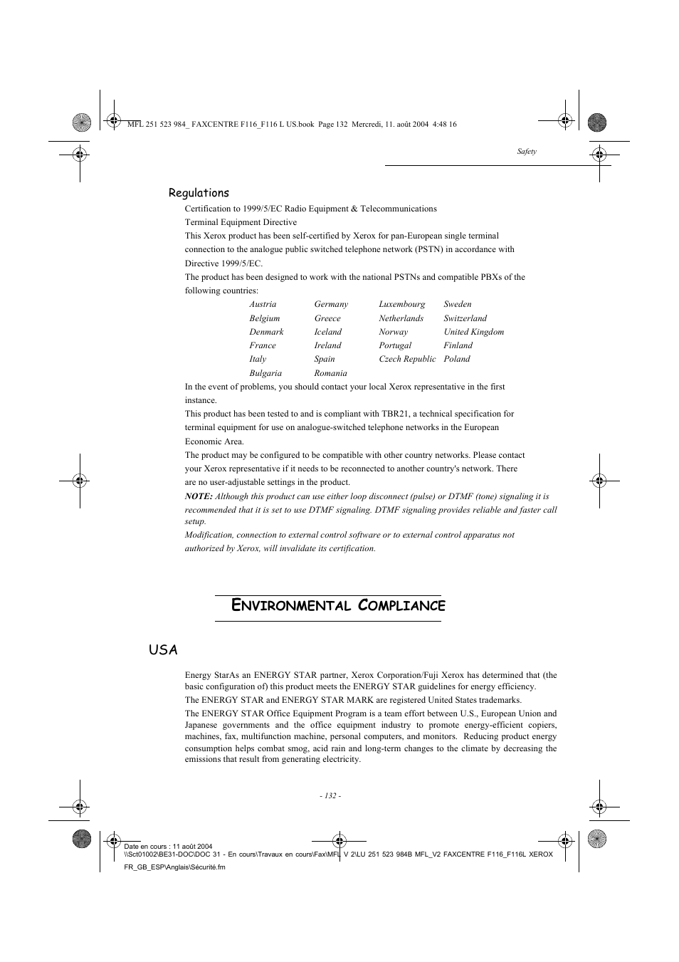 Nvironmental, Ompliance | Xerox FaxCentre F116 User Manual | Page 136 / 141
