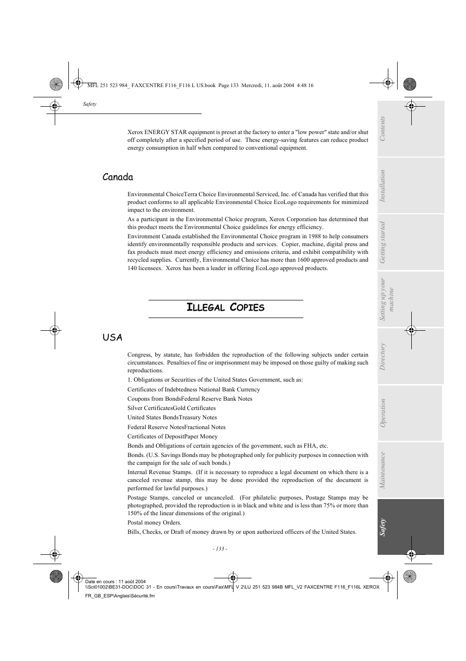 Canada | Xerox FaxCentre F116 User Manual | Page 137 / 141