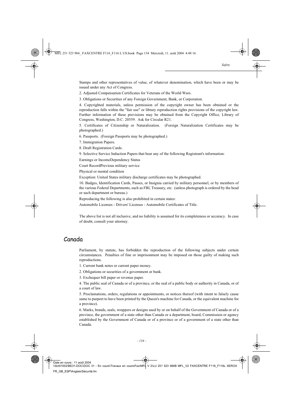 Canada | Xerox FaxCentre F116 User Manual | Page 138 / 141