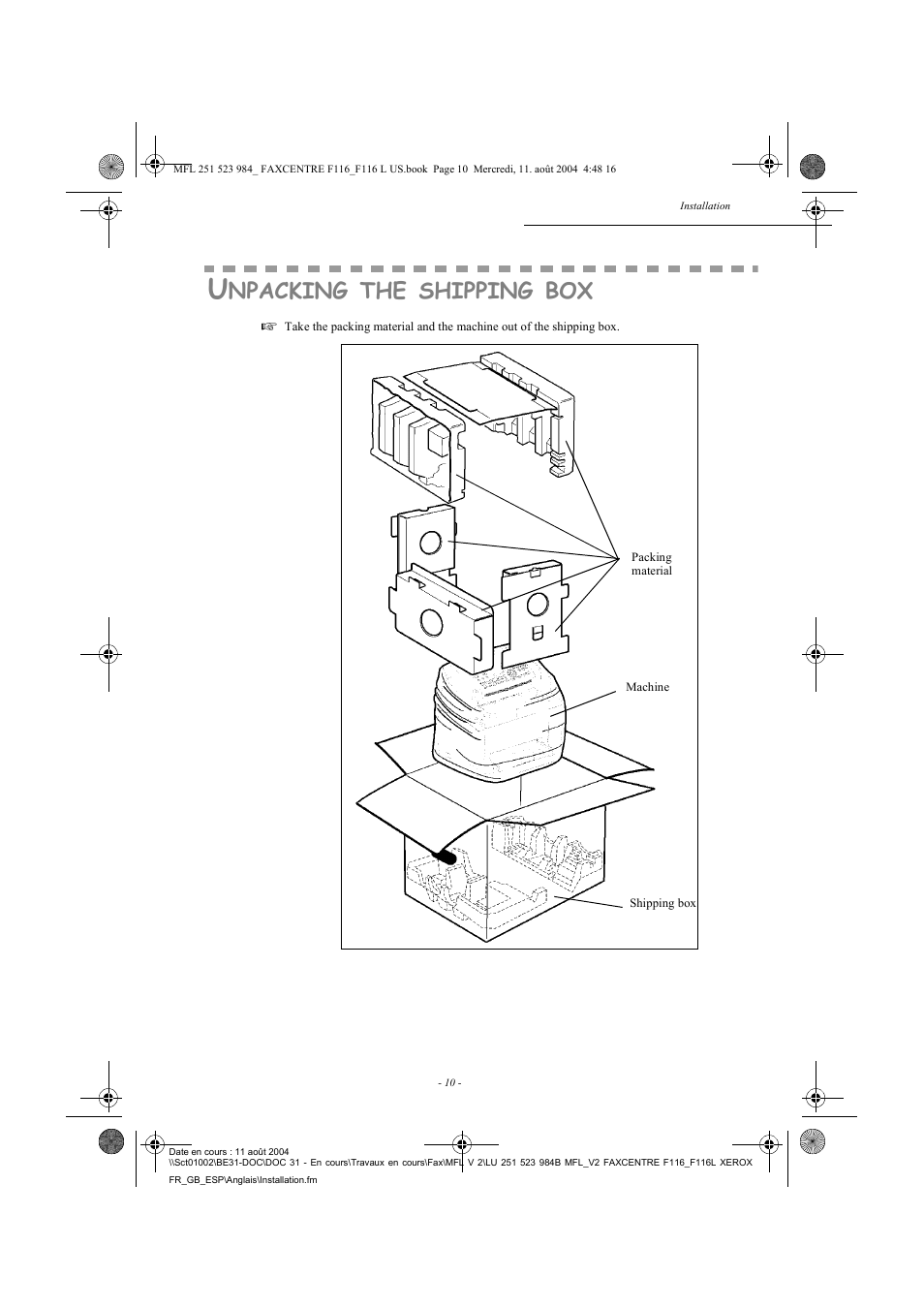 Npacking, Shipping | Xerox FaxCentre F116 User Manual | Page 14 / 141