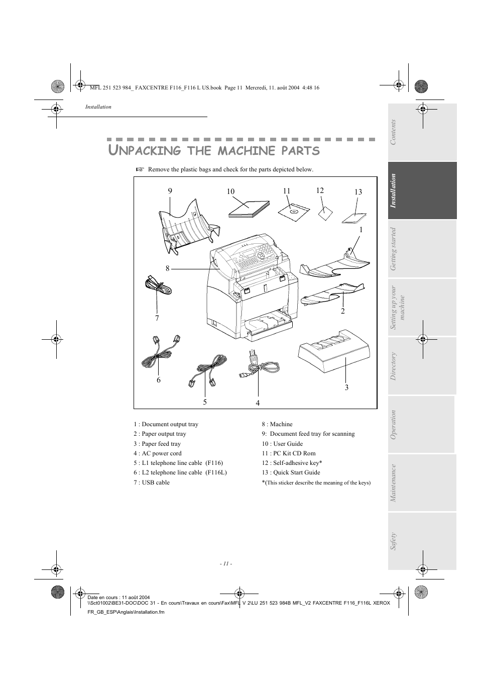 Npacking, Machine, Parts | Xerox FaxCentre F116 User Manual | Page 15 / 141