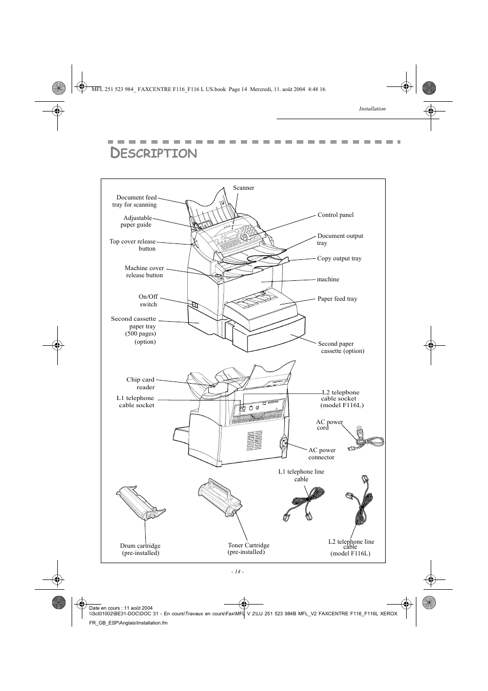 Escription | Xerox FaxCentre F116 User Manual | Page 18 / 141