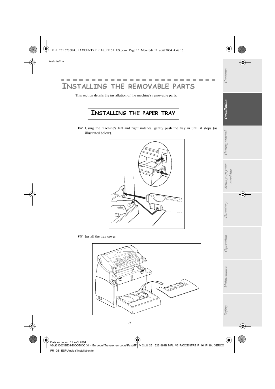 Nstalling, Removable, Parts | Xerox FaxCentre F116 User Manual | Page 19 / 141