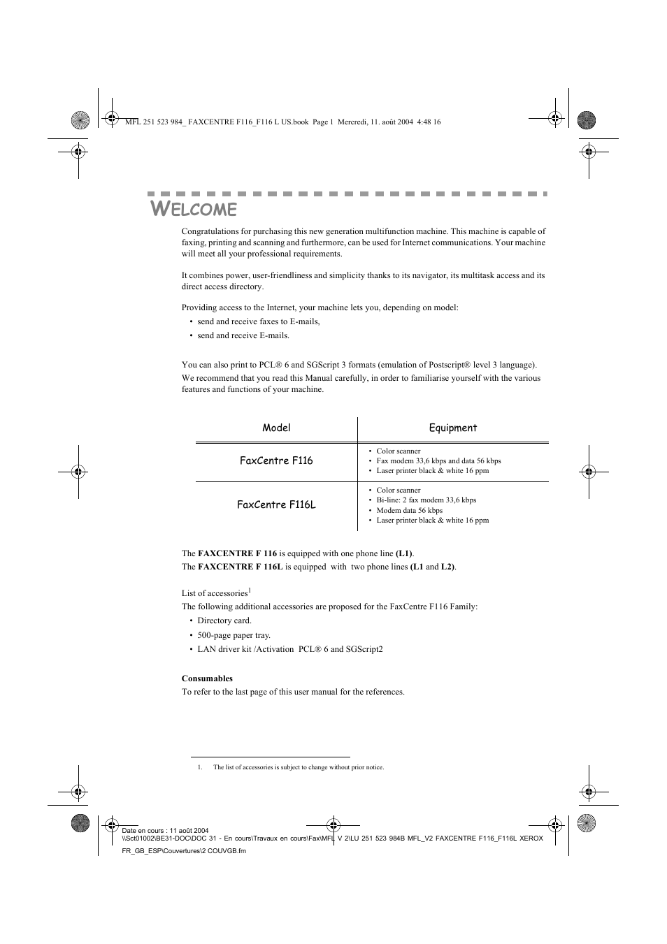Elcome | Xerox FaxCentre F116 User Manual | Page 2 / 141