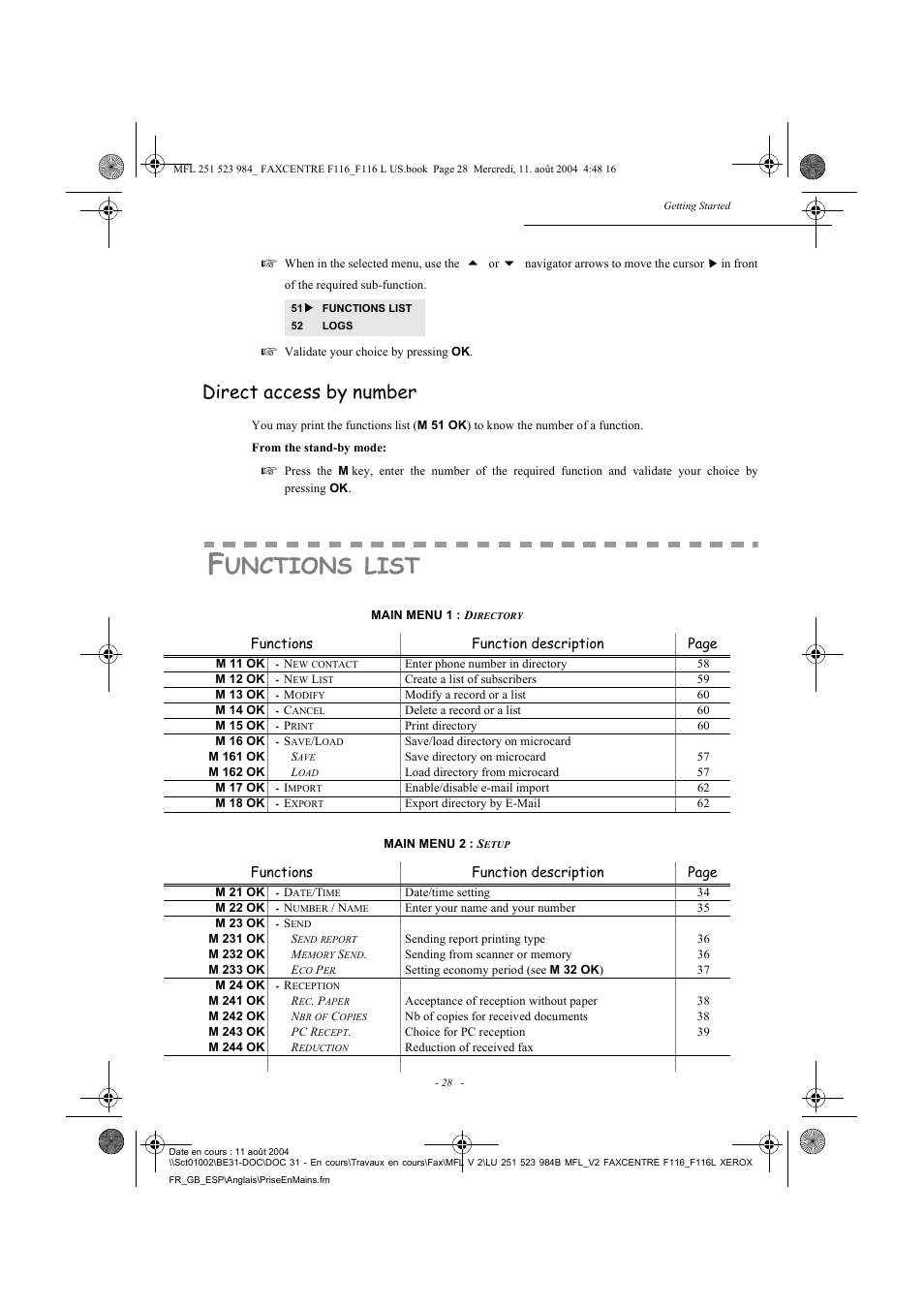 Unctions, List, Direct access by number | Xerox FaxCentre F116 User Manual | Page 32 / 141