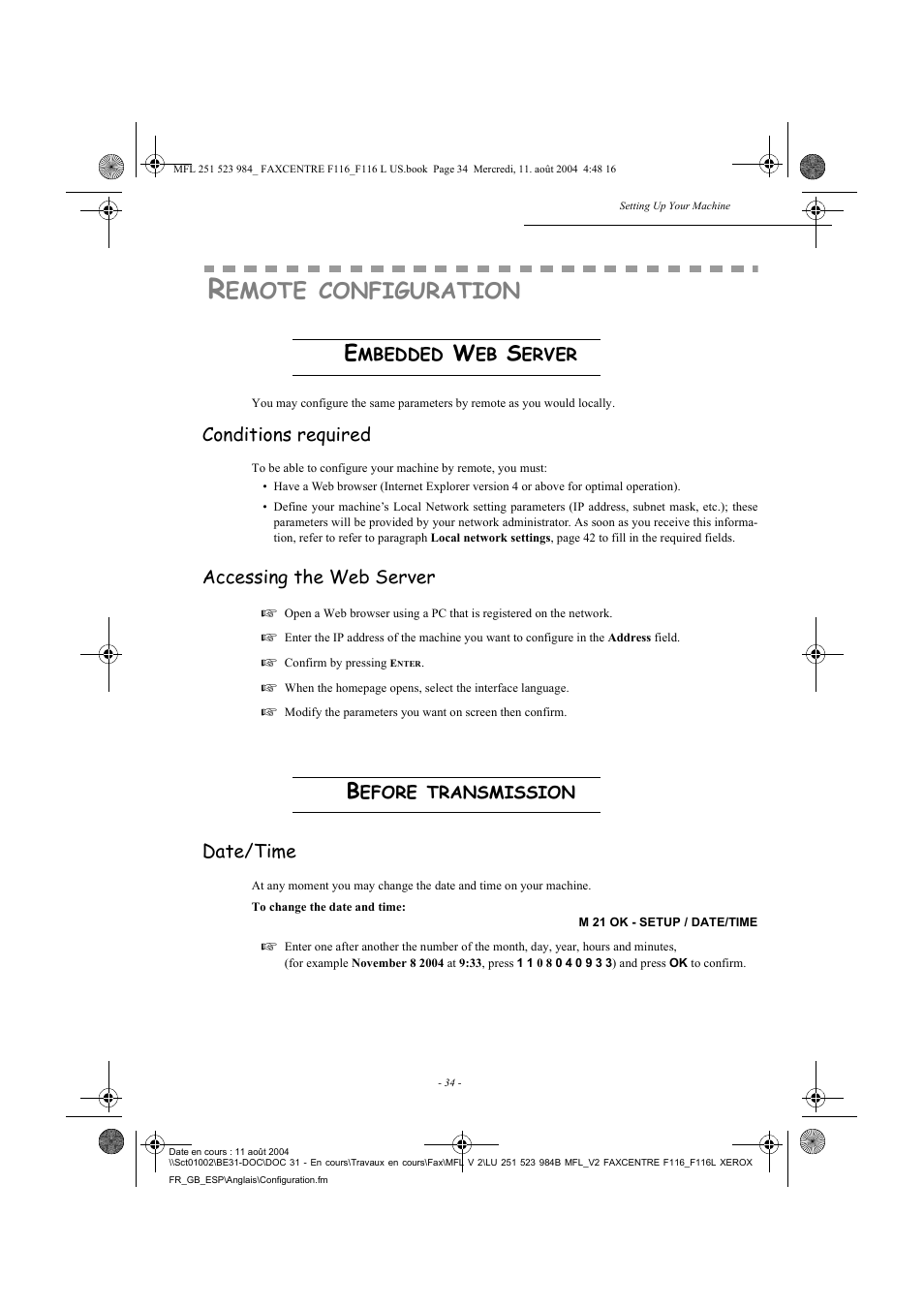 Emote, Configuration | Xerox FaxCentre F116 User Manual | Page 38 / 141