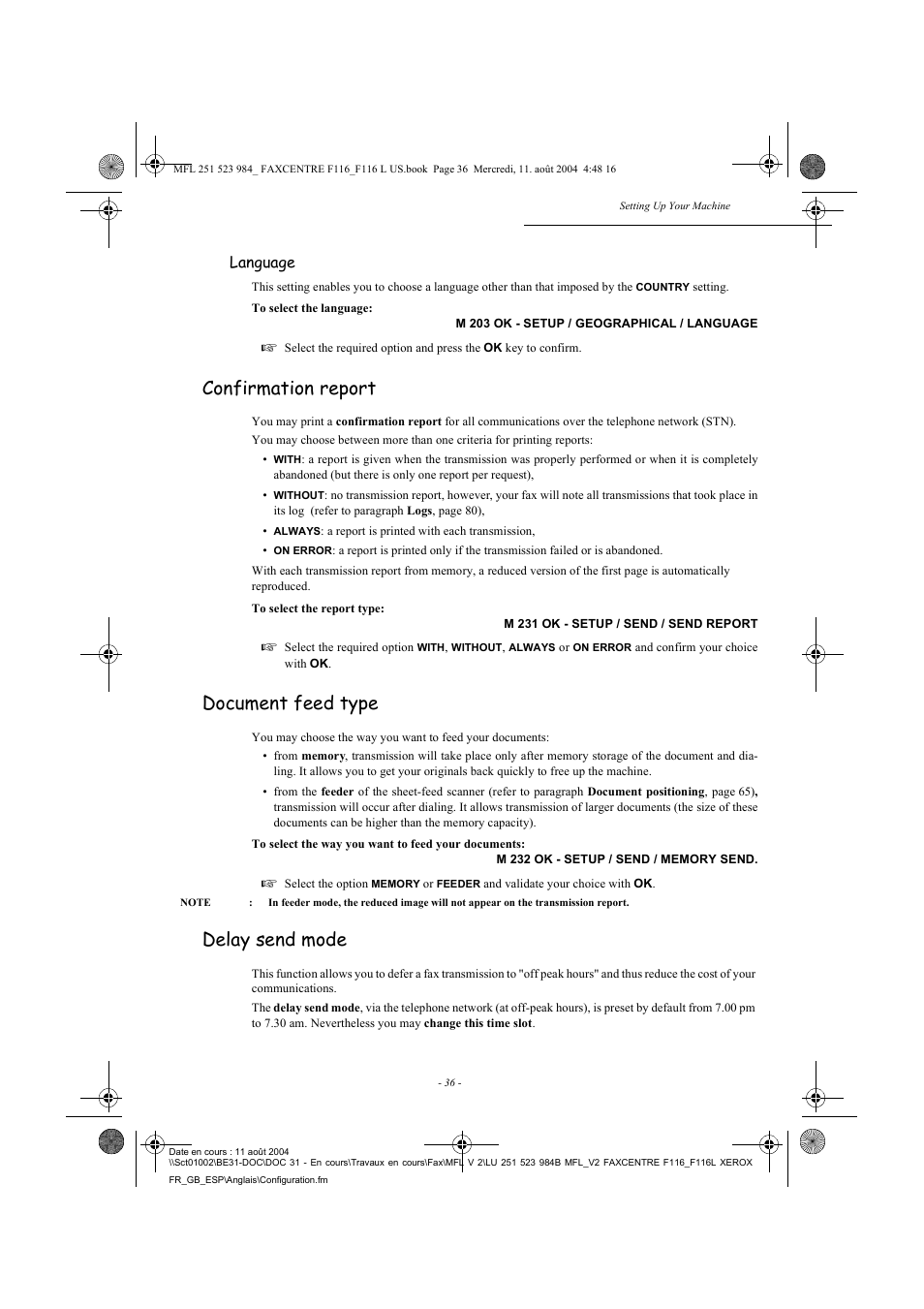 Confirmation report, Document feed type, Delay send mode | Xerox FaxCentre F116 User Manual | Page 40 / 141