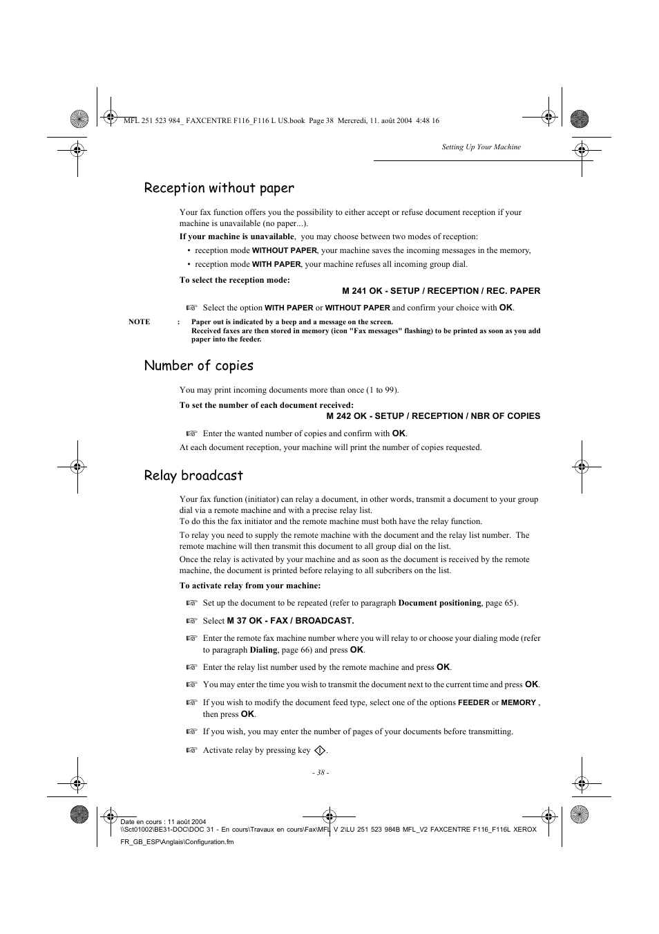 Reception without paper, Number of copies, Relay broadcast | Xerox FaxCentre F116 User Manual | Page 42 / 141