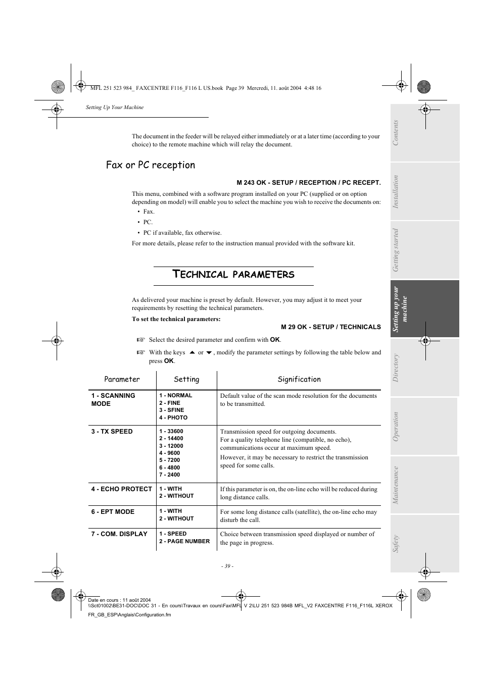 Fax or pc reception, Echnical, Parameters | Xerox FaxCentre F116 User Manual | Page 43 / 141