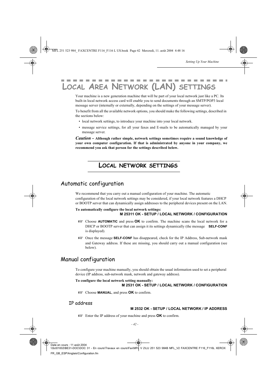 Lan), Ocal, Etwork | Settings, Automatic configuration, Manual configuration | Xerox FaxCentre F116 User Manual | Page 46 / 141