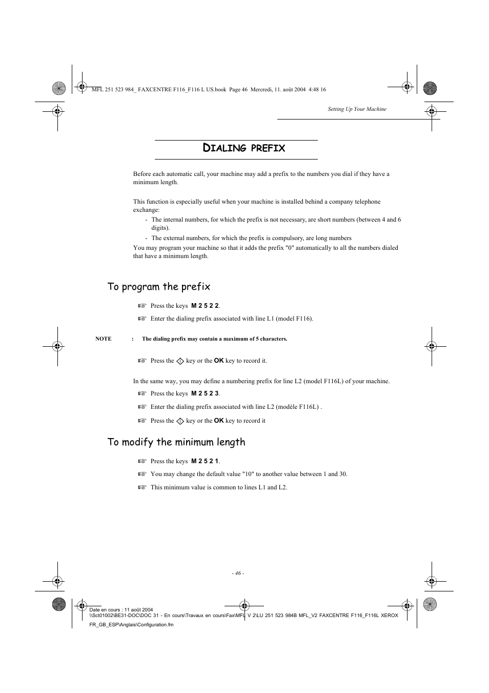 Ialing, Prefix | Xerox FaxCentre F116 User Manual | Page 50 / 141