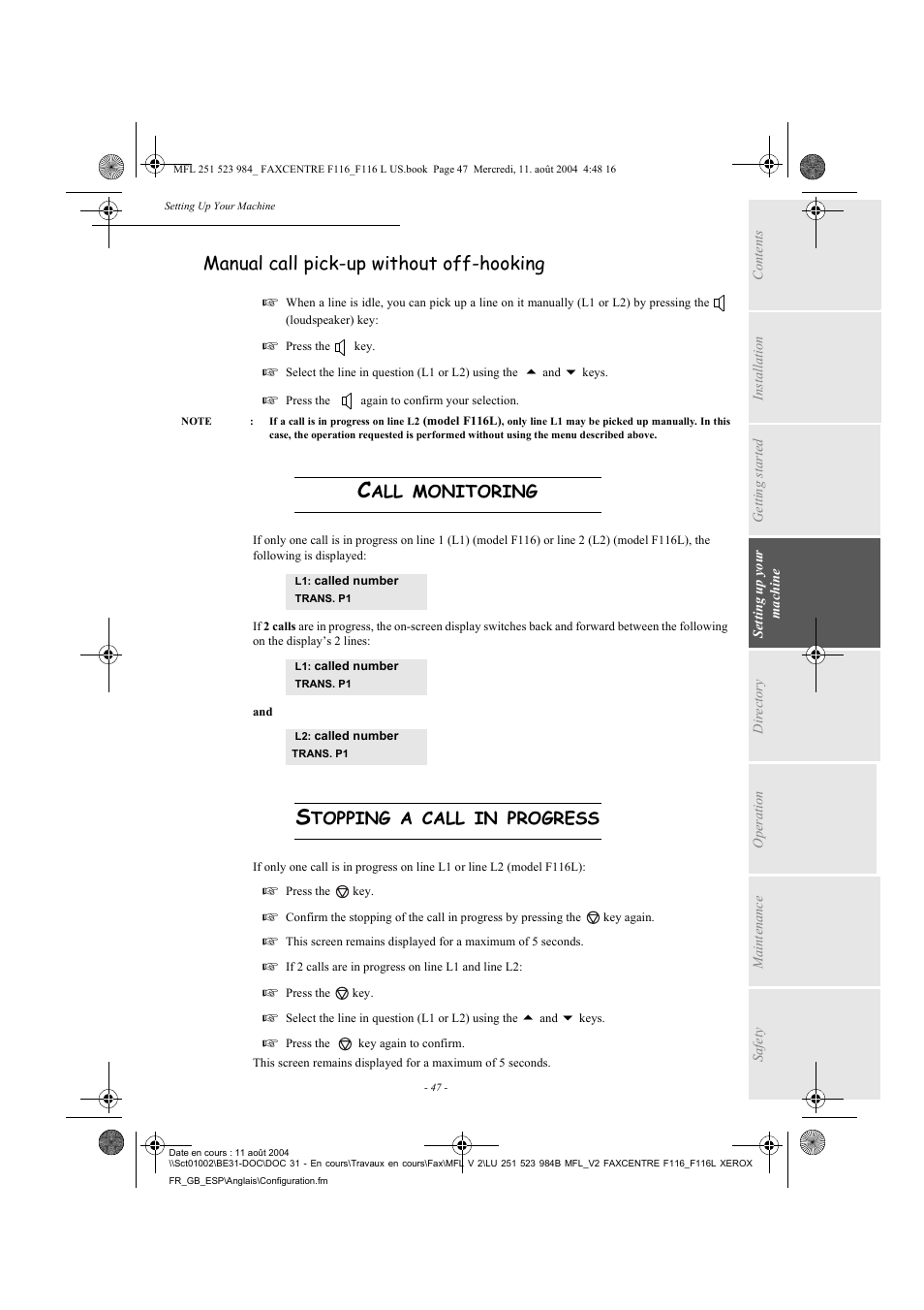 Manual call pick-up without off-hooking | Xerox FaxCentre F116 User Manual | Page 51 / 141