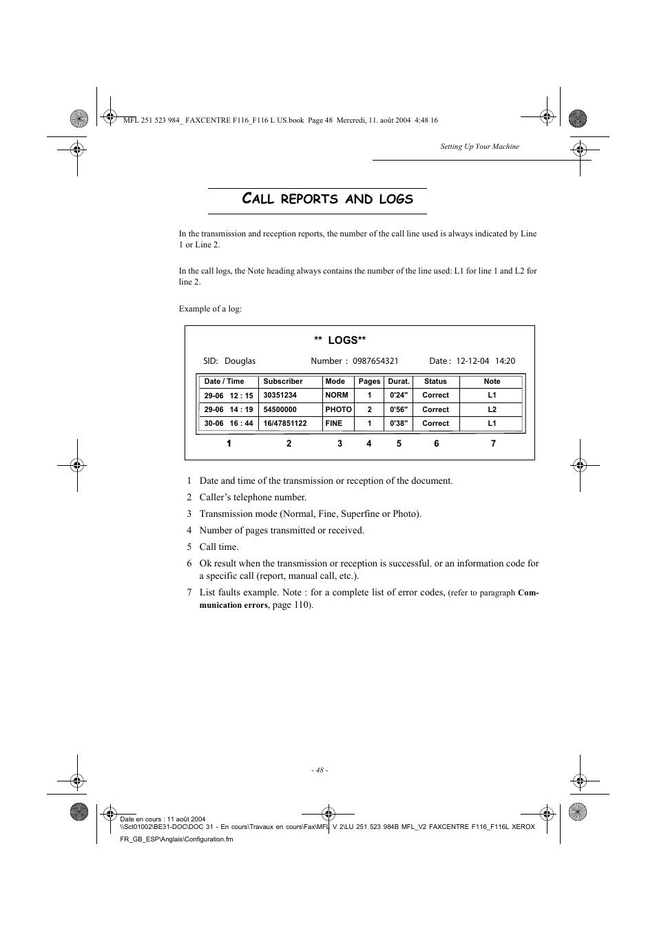 Reports, Logs | Xerox FaxCentre F116 User Manual | Page 52 / 141
