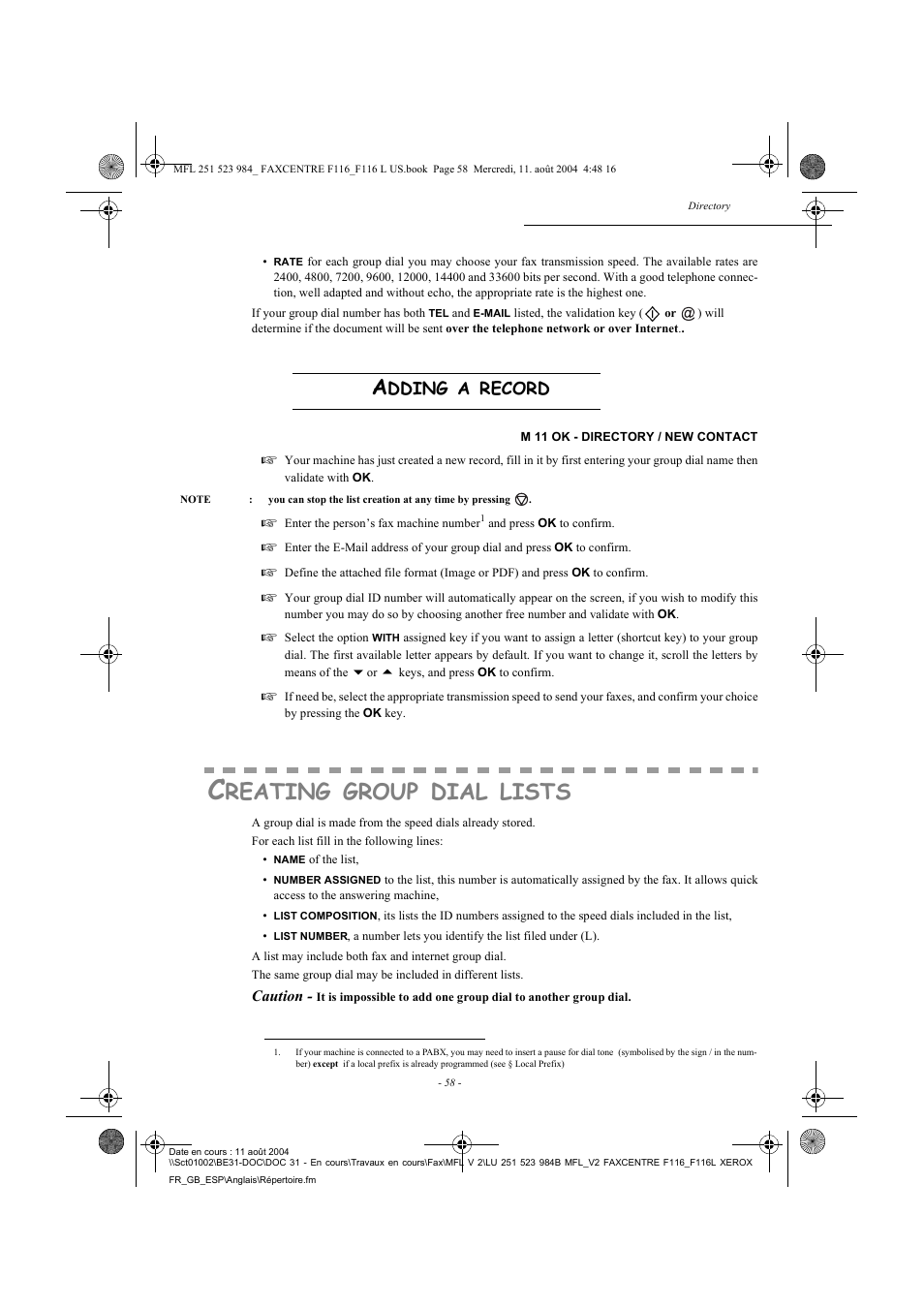 Reating, Group, Dial | Lists | Xerox FaxCentre F116 User Manual | Page 62 / 141