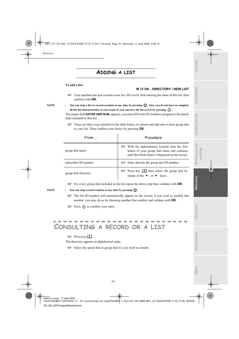 Onsulting, Record, List | Xerox FaxCentre F116 User Manual | Page 63 / 141