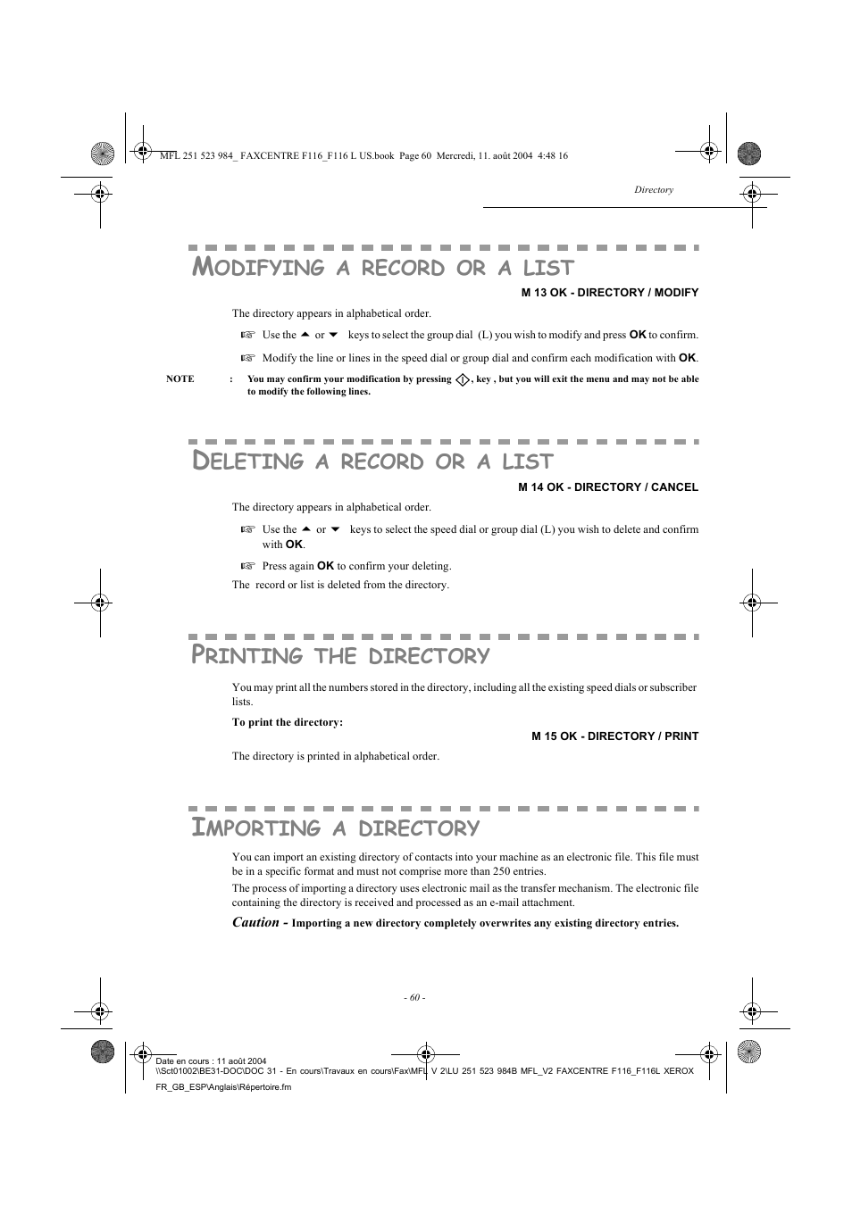 Odifying, Record, List | Eleting, Rinting, Directory, Mporting | Xerox FaxCentre F116 User Manual | Page 64 / 141