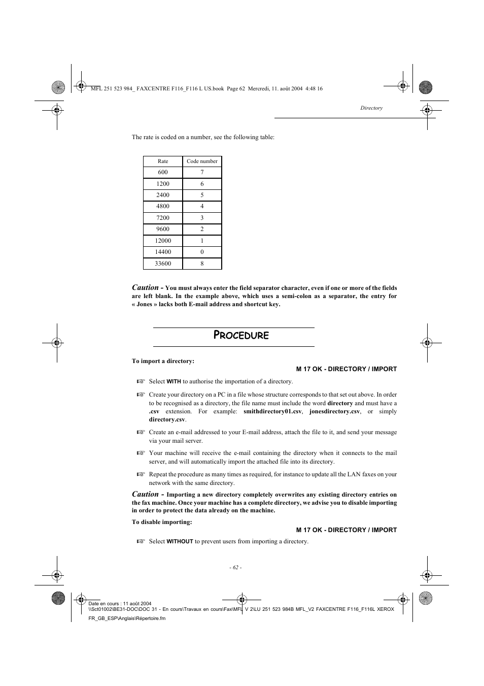 Rocedure | Xerox FaxCentre F116 User Manual | Page 66 / 141