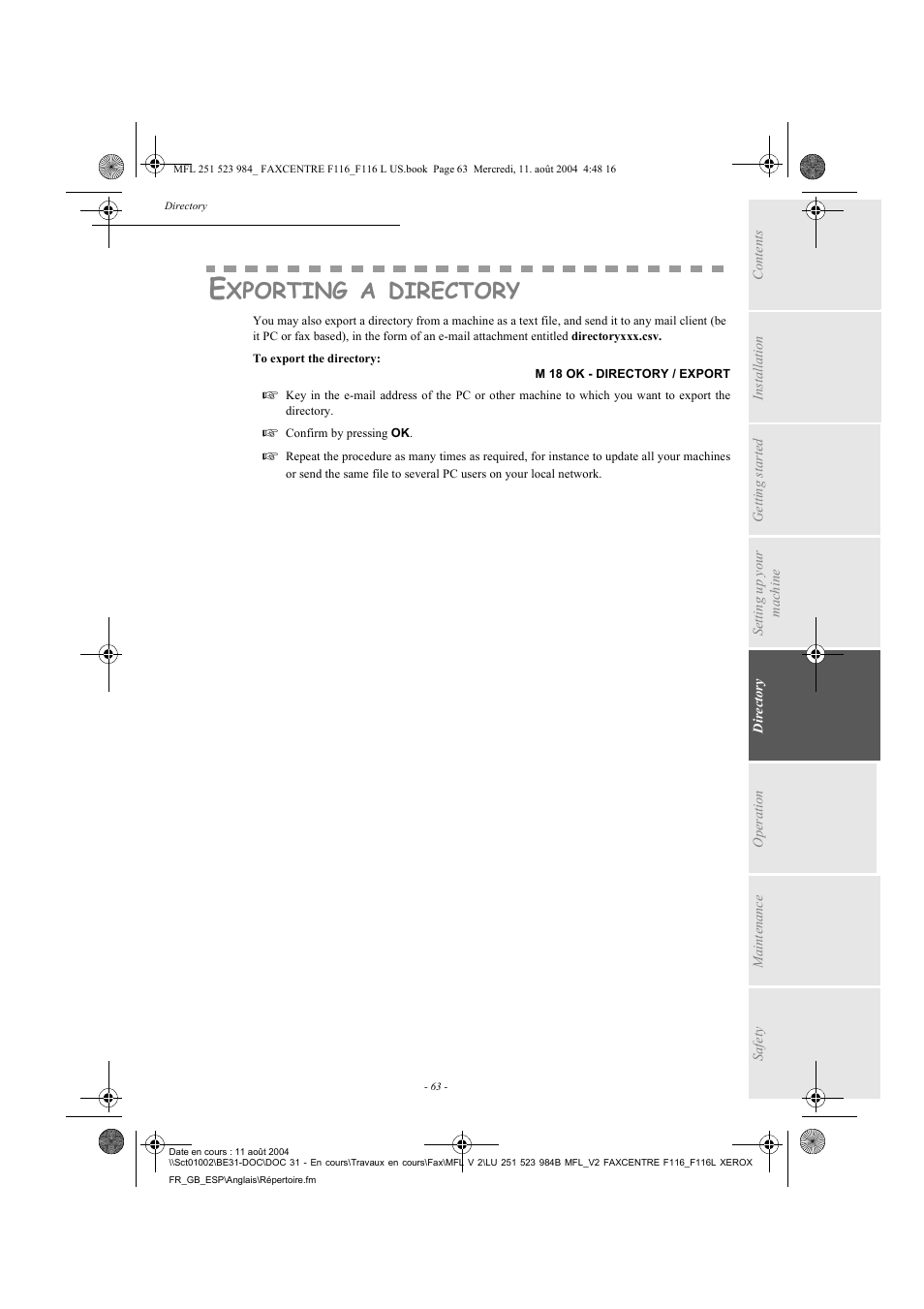 Xporting, Directory | Xerox FaxCentre F116 User Manual | Page 67 / 141
