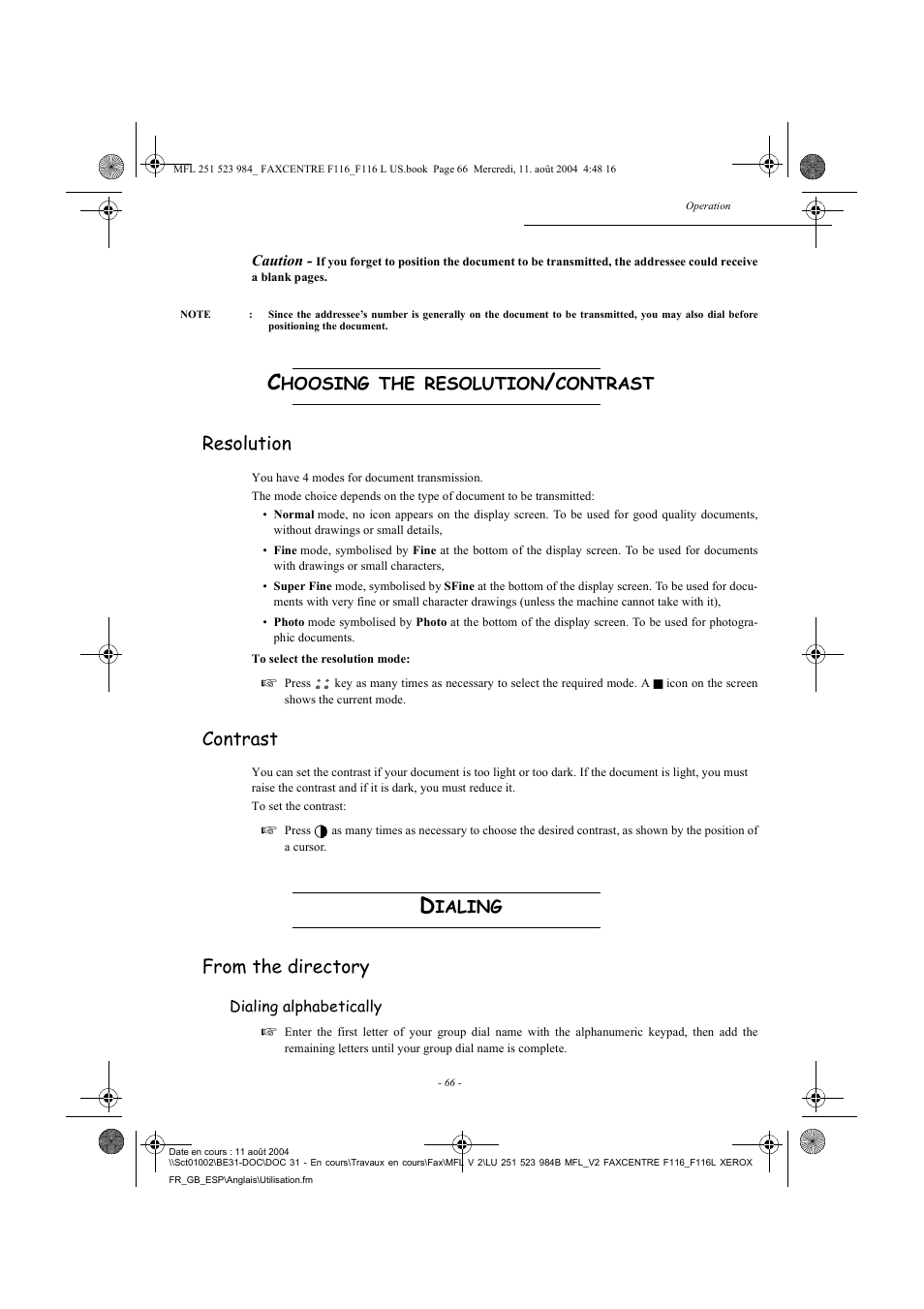 Resolution, Contrast | Xerox FaxCentre F116 User Manual | Page 70 / 141