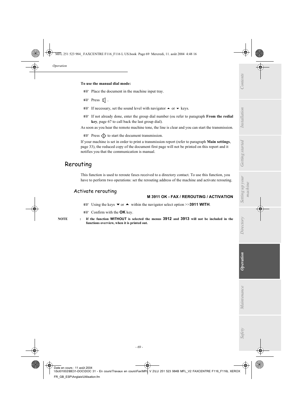Rerouting | Xerox FaxCentre F116 User Manual | Page 73 / 141