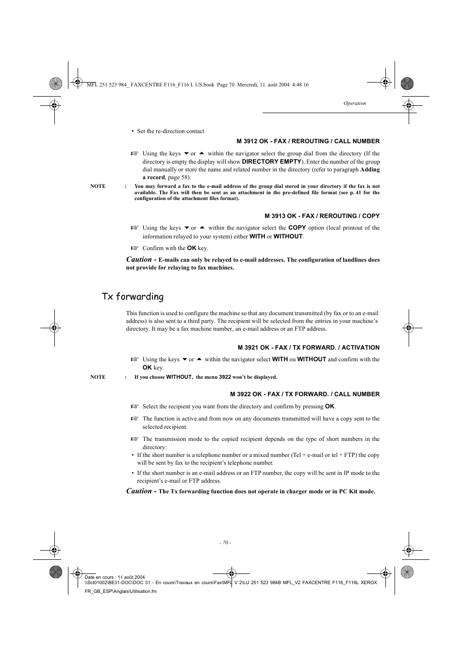 Tx forwarding | Xerox FaxCentre F116 User Manual | Page 74 / 141