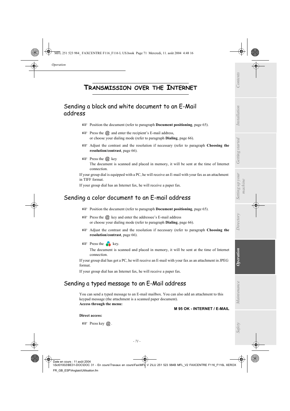 Sending a color document to an e-mail address, Sending a typed message to an e-mail address | Xerox FaxCentre F116 User Manual | Page 75 / 141