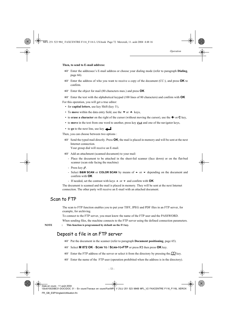 Scan to ftp, Deposit a file in an ftp server | Xerox FaxCentre F116 User Manual | Page 76 / 141