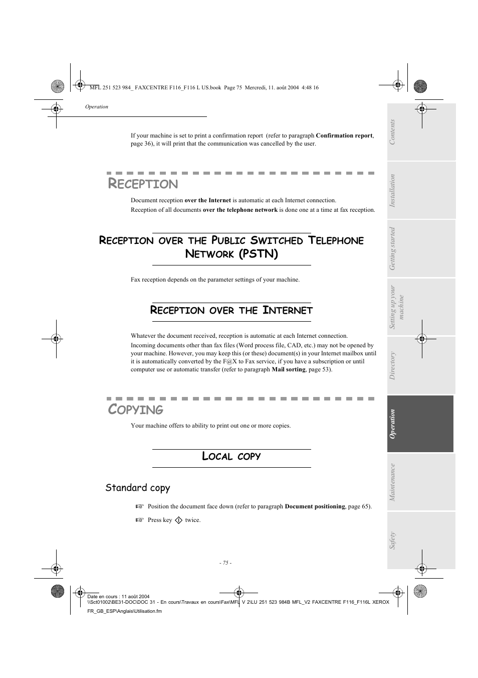 Eception, Opying, Pstn) | Xerox FaxCentre F116 User Manual | Page 79 / 141