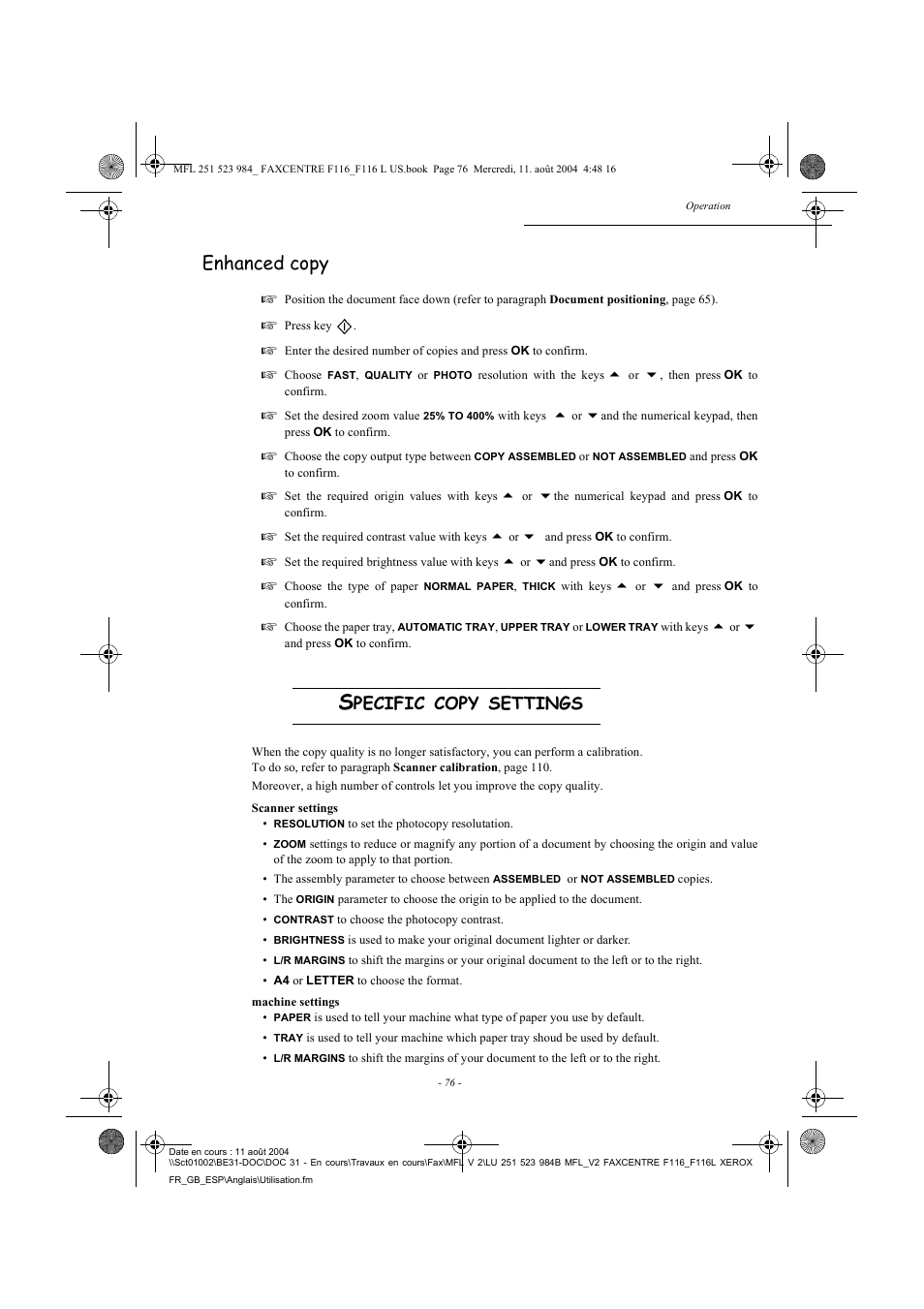 Enhanced copy, Pecific, Copy | Settings | Xerox FaxCentre F116 User Manual | Page 80 / 141