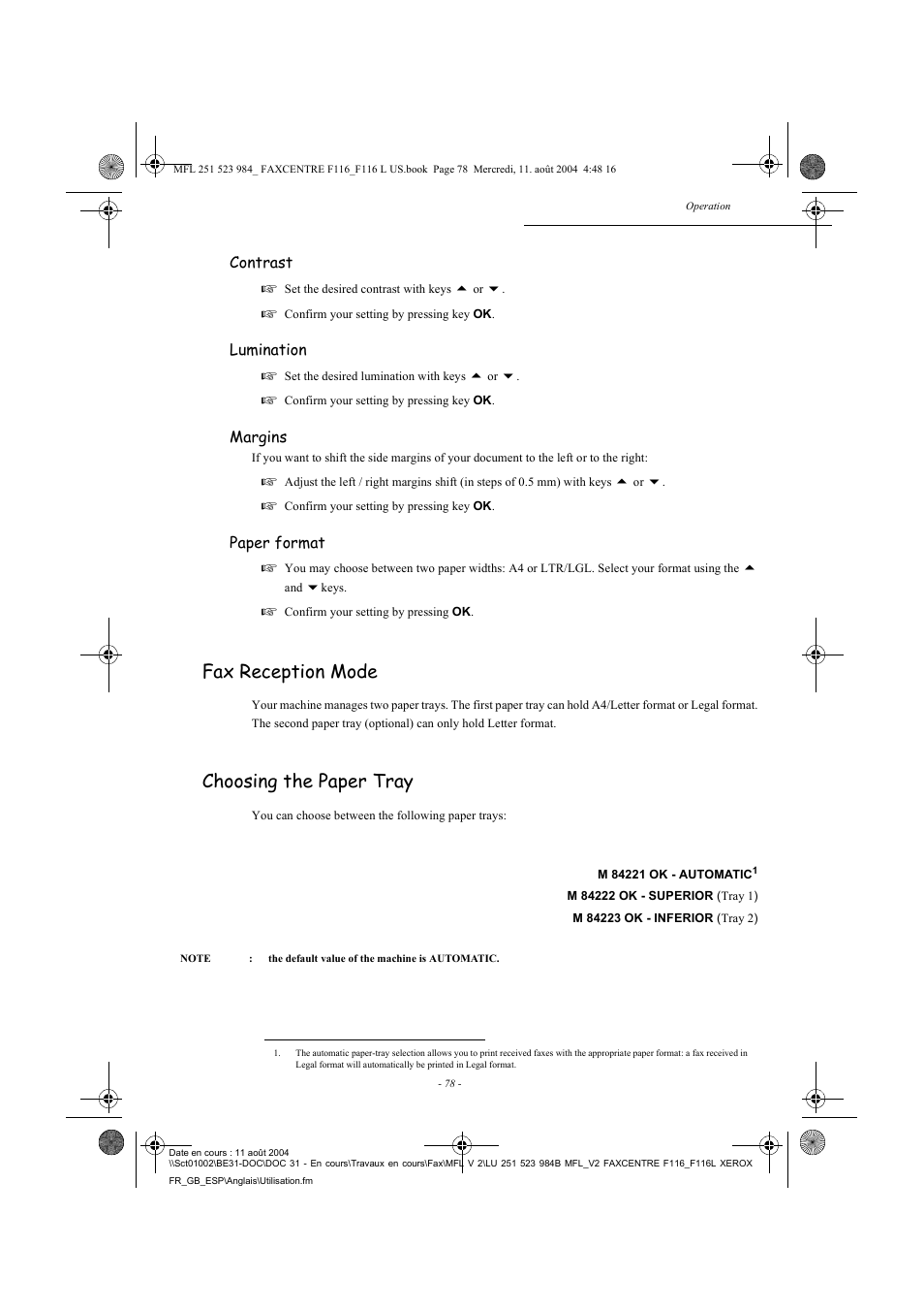 Fax reception mode, Choosing the paper tray | Xerox FaxCentre F116 User Manual | Page 82 / 141