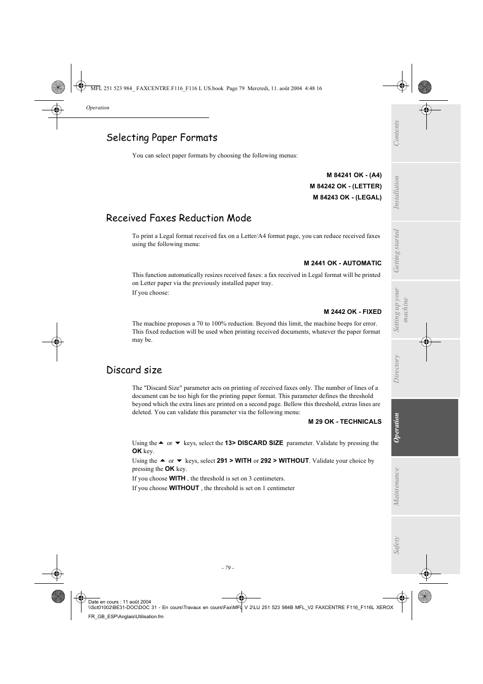 Selecting paper formats, Received faxes reduction mode, Discard size | Xerox FaxCentre F116 User Manual | Page 83 / 141