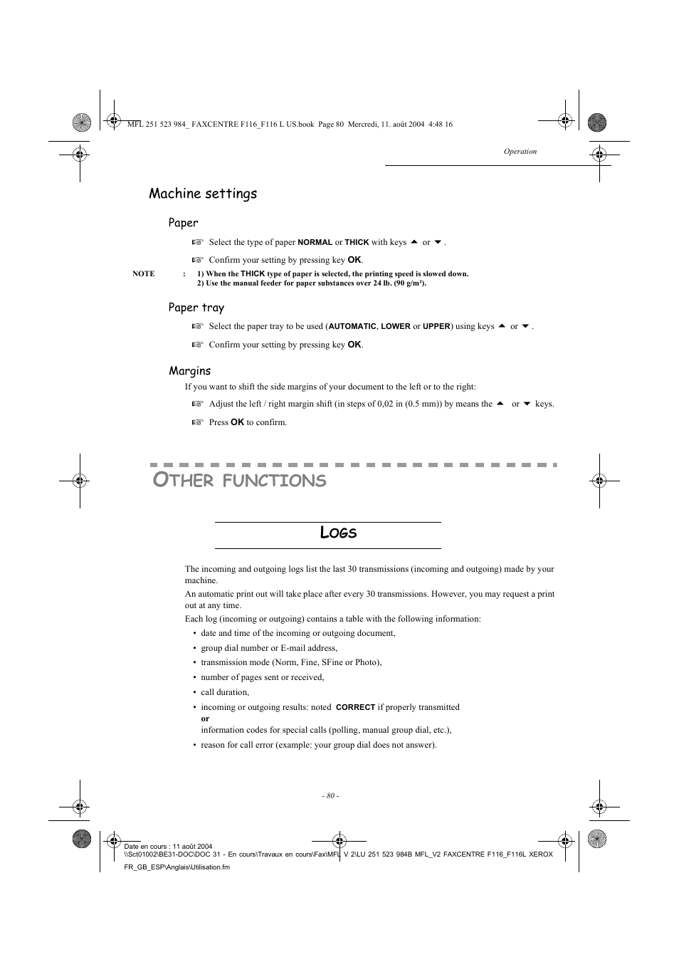 Ther, Functions, Machine settings | Xerox FaxCentre F116 User Manual | Page 84 / 141