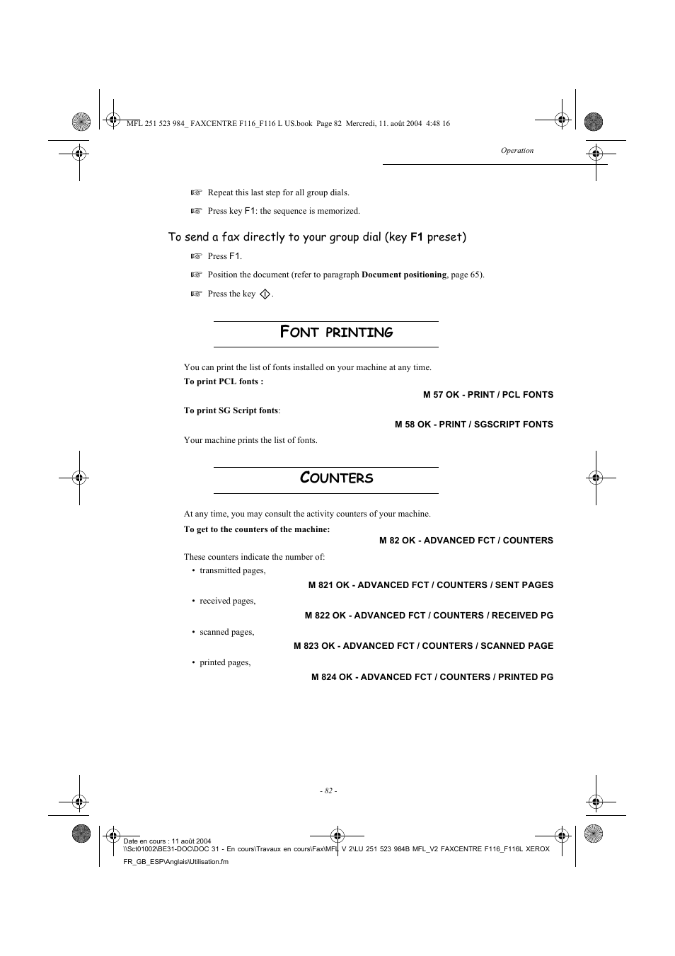 Printing, Ounters | Xerox FaxCentre F116 User Manual | Page 86 / 141