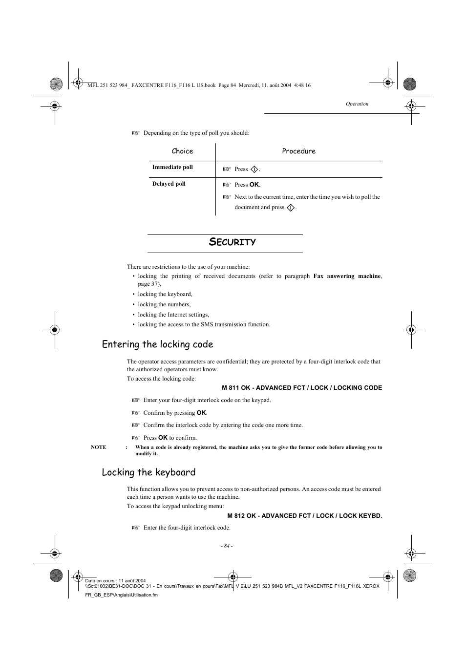 Entering the locking code, Locking the keyboard, Ecurity | Xerox FaxCentre F116 User Manual | Page 88 / 141