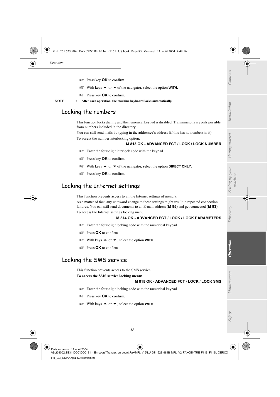 Locking the numbers, Locking the internet settings, Locking the sms service | Xerox FaxCentre F116 User Manual | Page 89 / 141