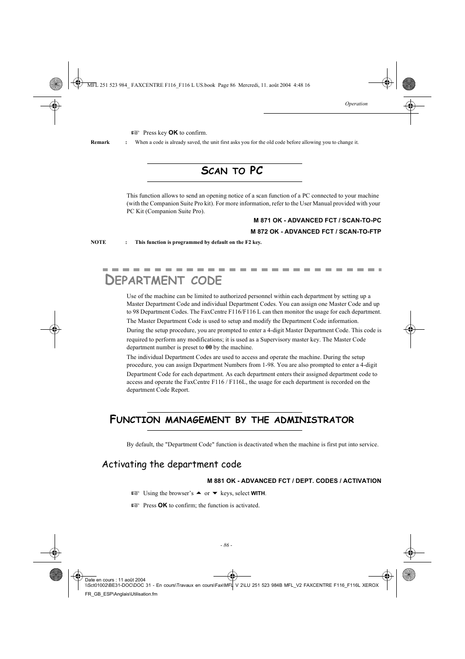Epartment, Code | Xerox FaxCentre F116 User Manual | Page 90 / 141