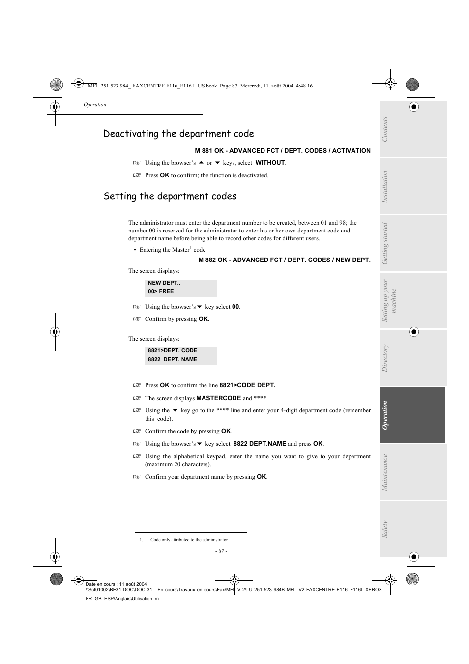 Deactivating the department code, Setting the department codes | Xerox FaxCentre F116 User Manual | Page 91 / 141