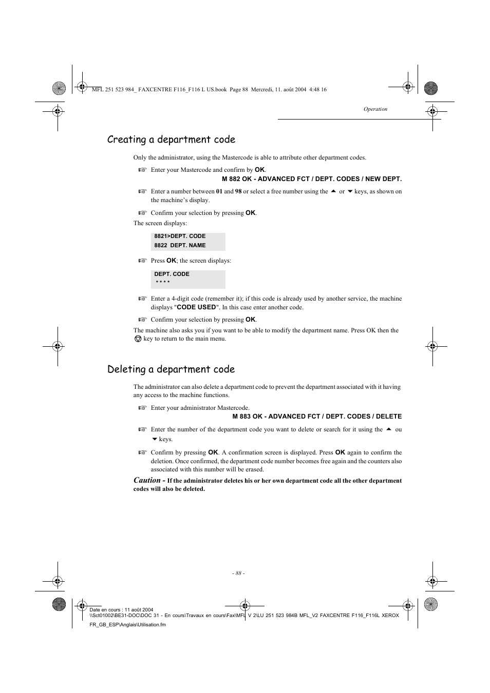 Creating a department code, Deleting a department code | Xerox FaxCentre F116 User Manual | Page 92 / 141