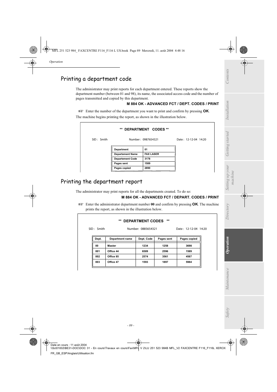 Printing a department code, Printing the department report | Xerox FaxCentre F116 User Manual | Page 93 / 141